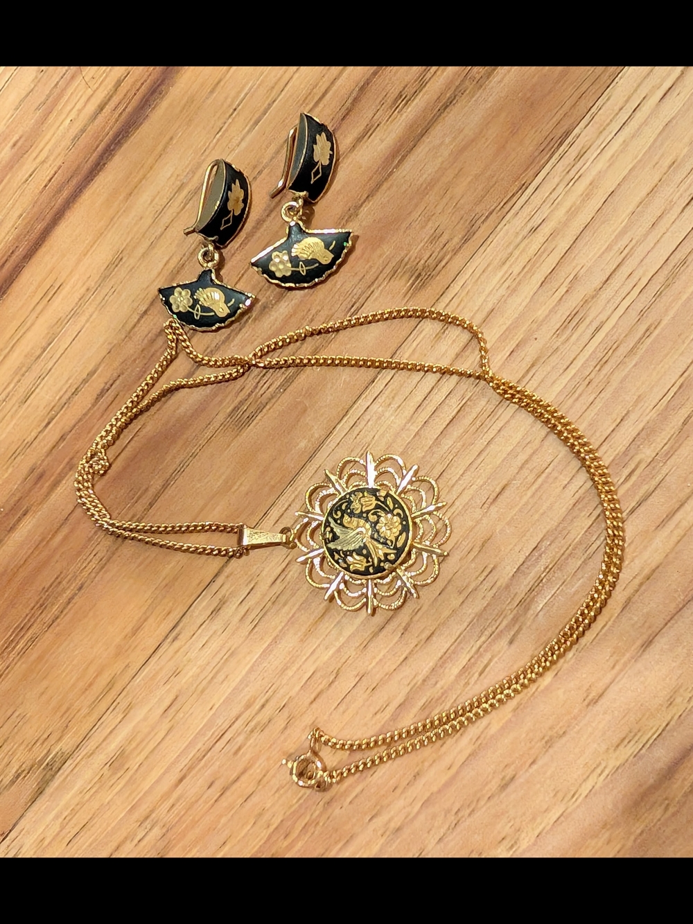 Gold and Black Floral Damascene Pendant Necklace with Matching Earrings